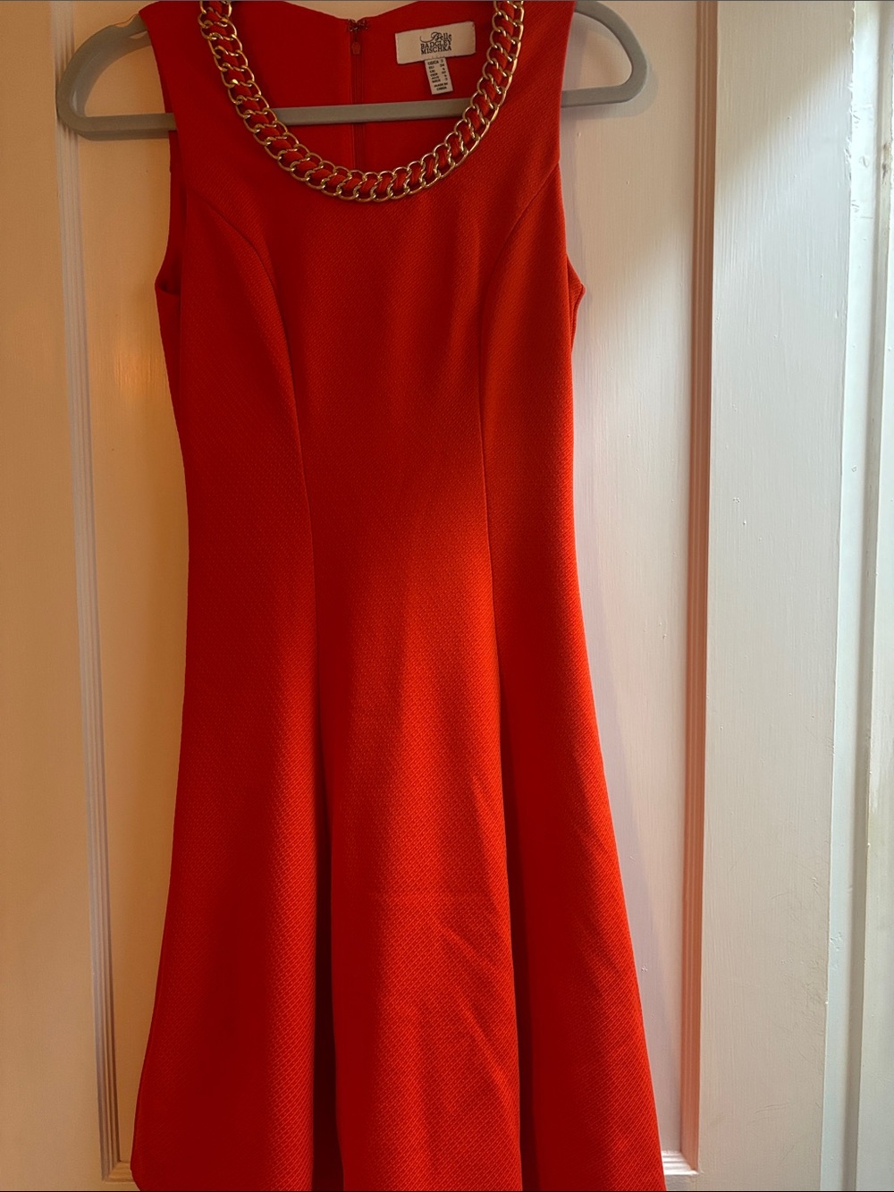 Badgley Mischka Sleeveless Chain-Trim Fit & Flare Dress - Orange
